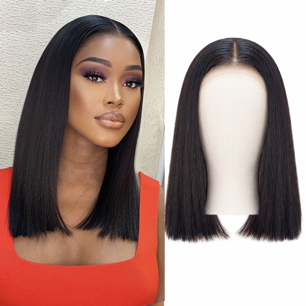 Model and mannequin showing the YOOME HAIR 16-inch straight Vietnamese hair wig