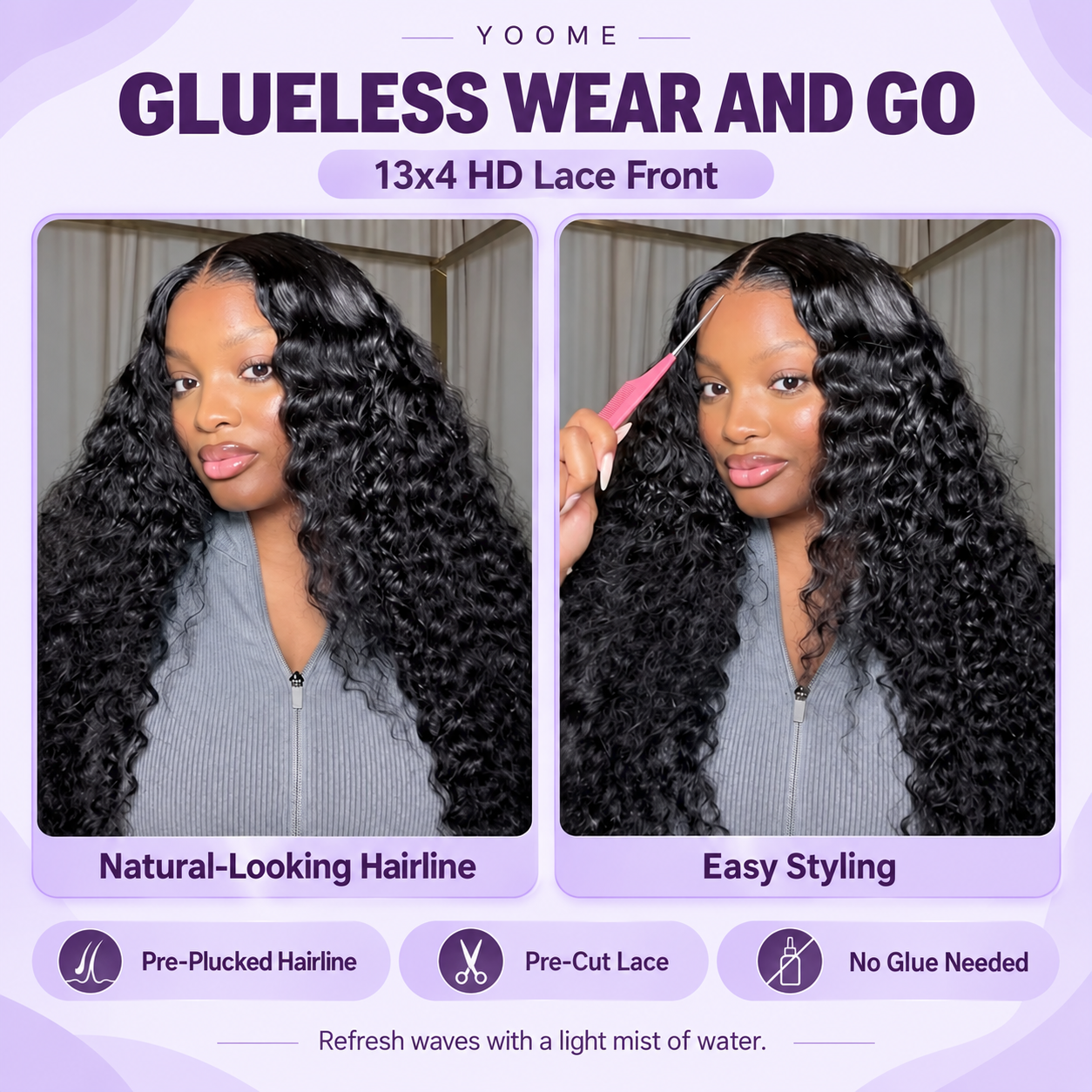 YOOME Hair Natural Black Water Wave 13×4 HD Lace Front Wig - Image 2