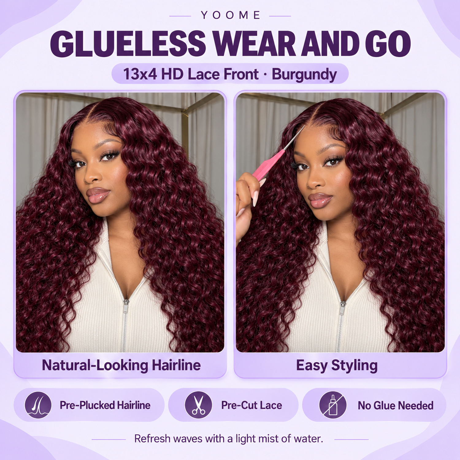 YOOME Hair Burgundy Water Wave 13×4 HD Lace Front Wig - Image 2