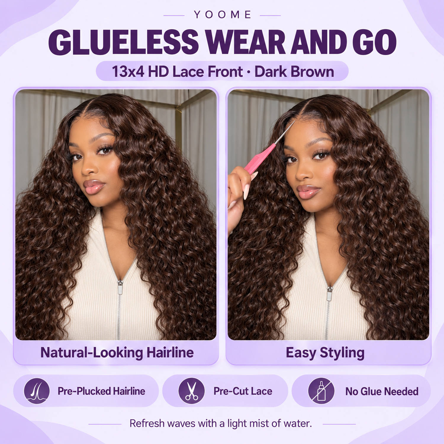 YOOME Hair Dark Brown Water Wave 13×4 HD Lace Front Wig - Image 2