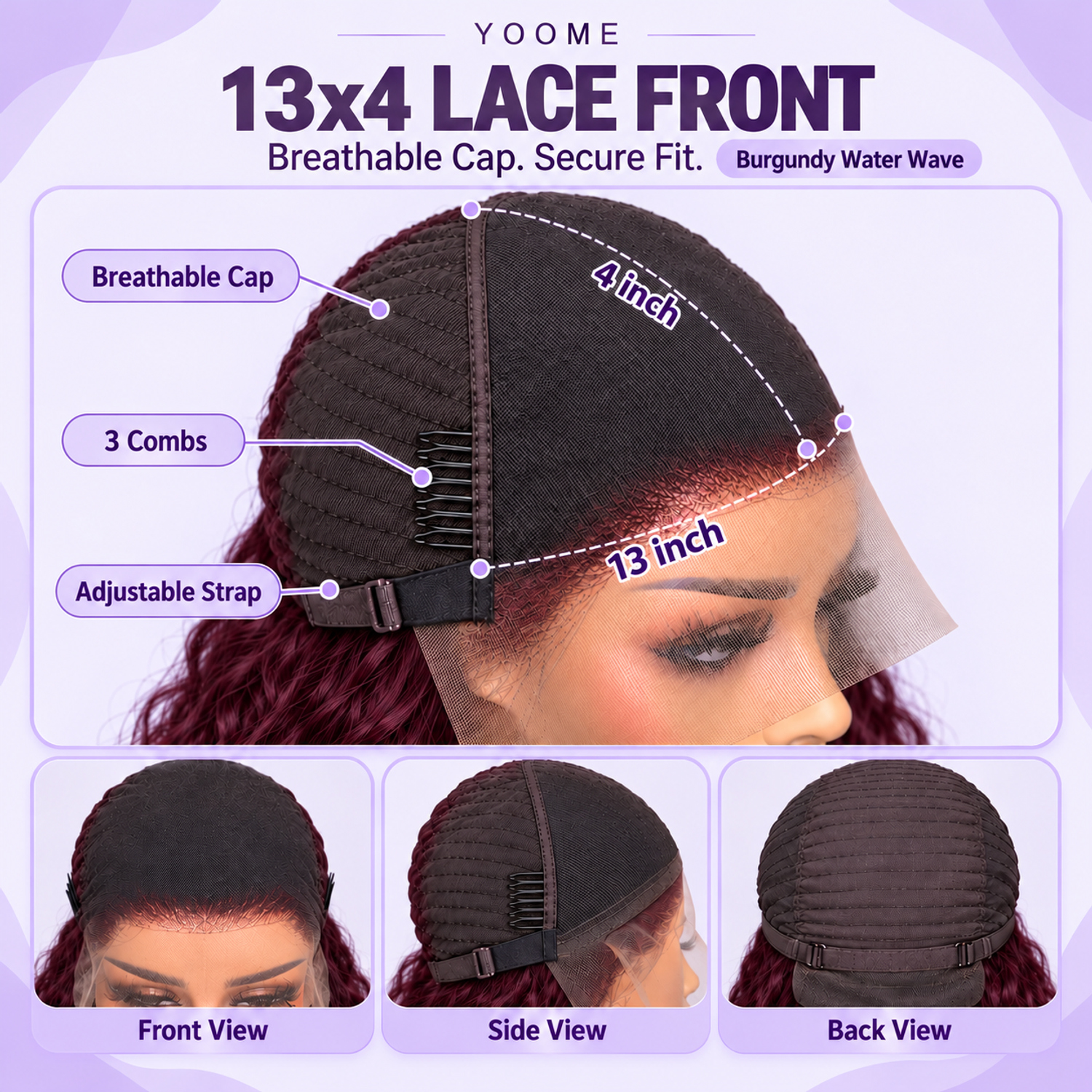 YOOME Hair Burgundy Water Wave 13×4 HD Lace Front Wig - Image 3