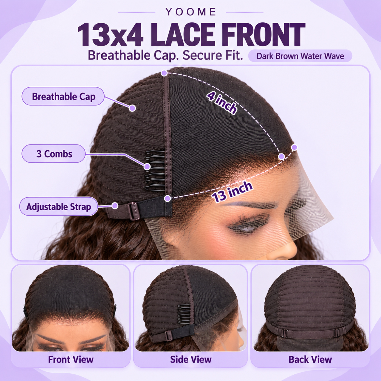 YOOME Hair Dark Brown Water Wave 13×4 HD Lace Front Wig - Image 3