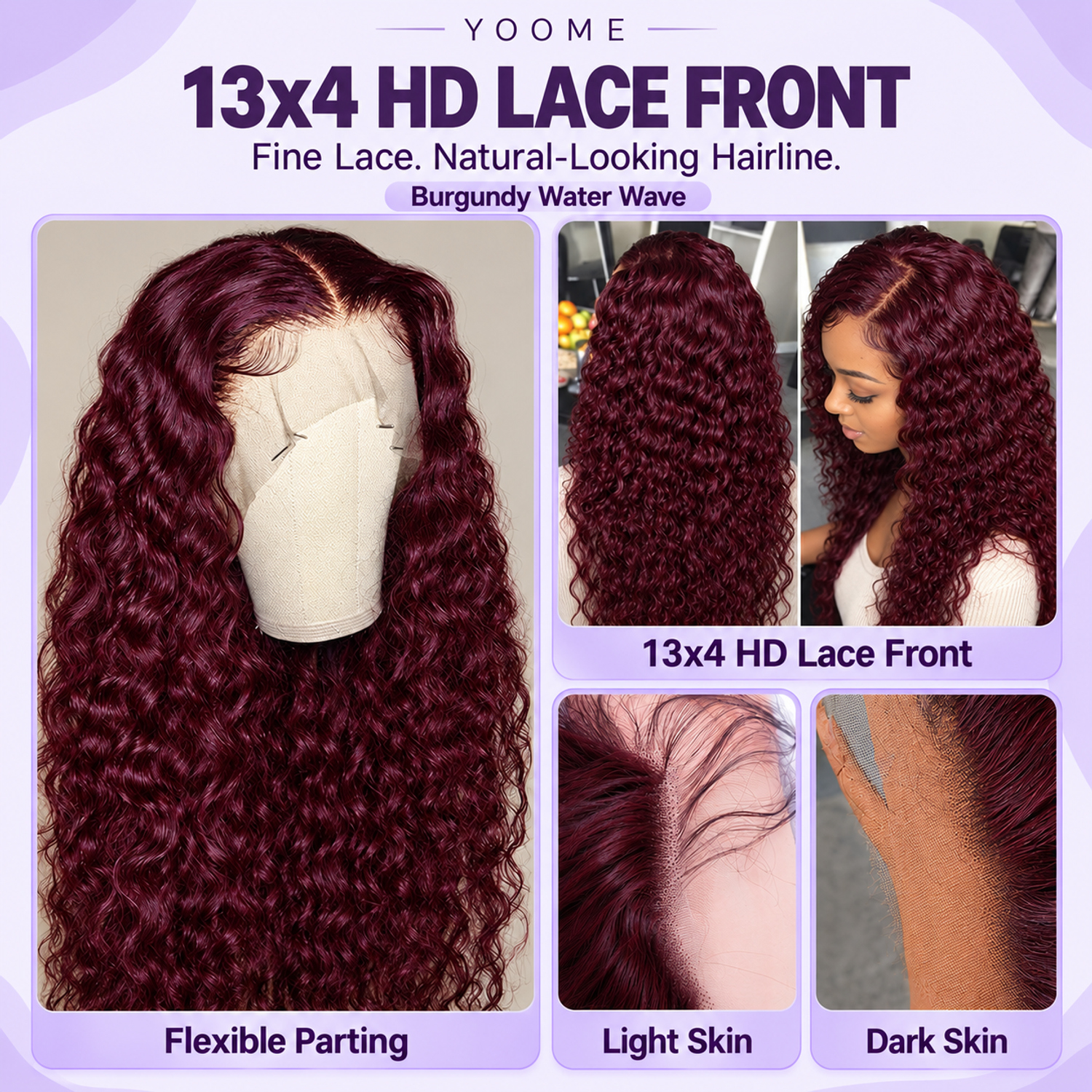 YOOME Hair Burgundy Water Wave 13×4 HD Lace Front Wig - Image 4