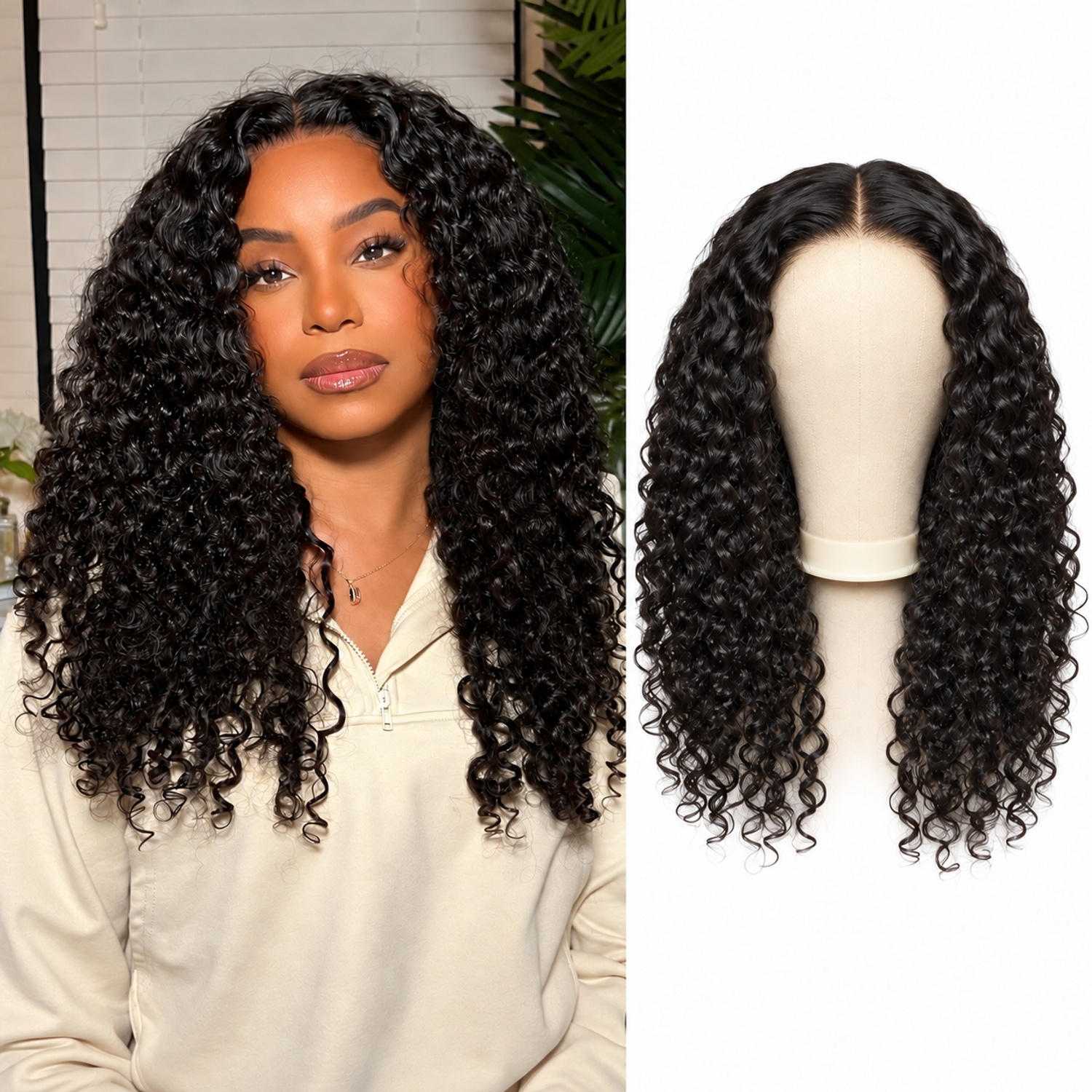Model and wig stand showing the 18-inch natural black 1B water wave wig