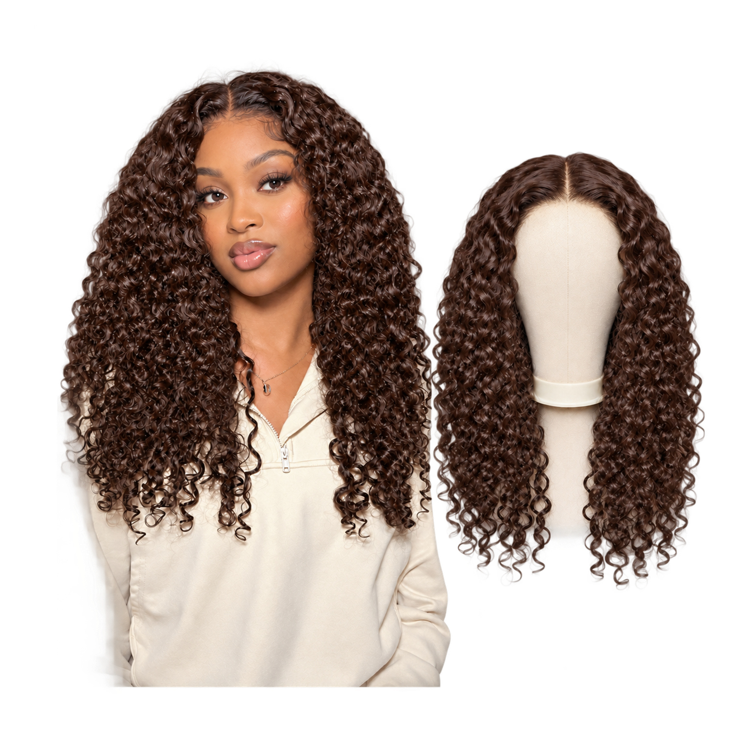 Model and wig stand showing the 18-inch dark brown 4 water wave wig