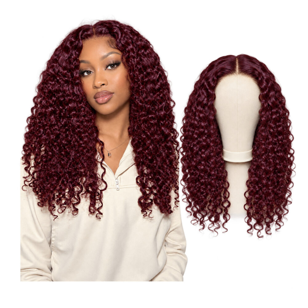 Model and wig stand showing the 18-inch burgundy 99J water wave wig