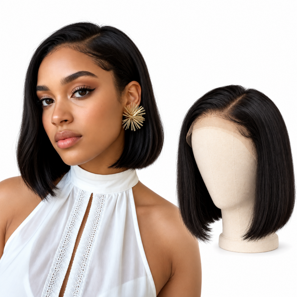 Model and mannequin showing an 8-inch natural black 1B straight bob wig
