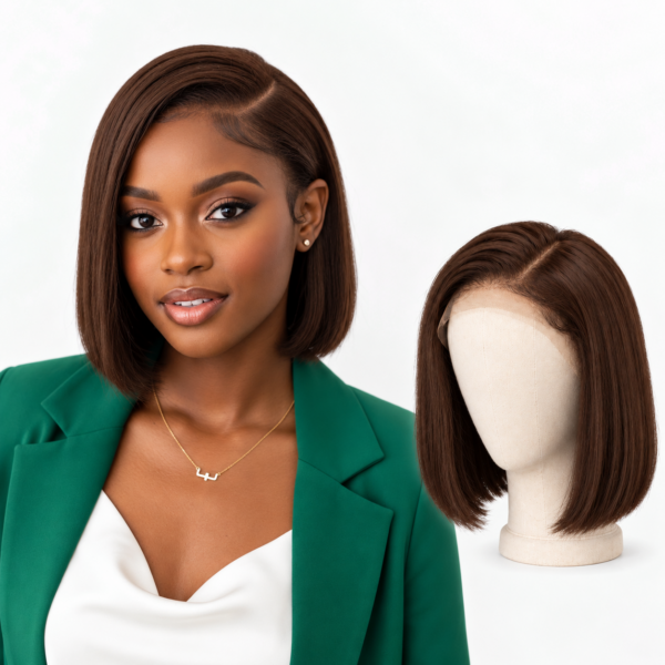 Model and mannequin showing an 8-inch medium brown number 4 straight bob wig