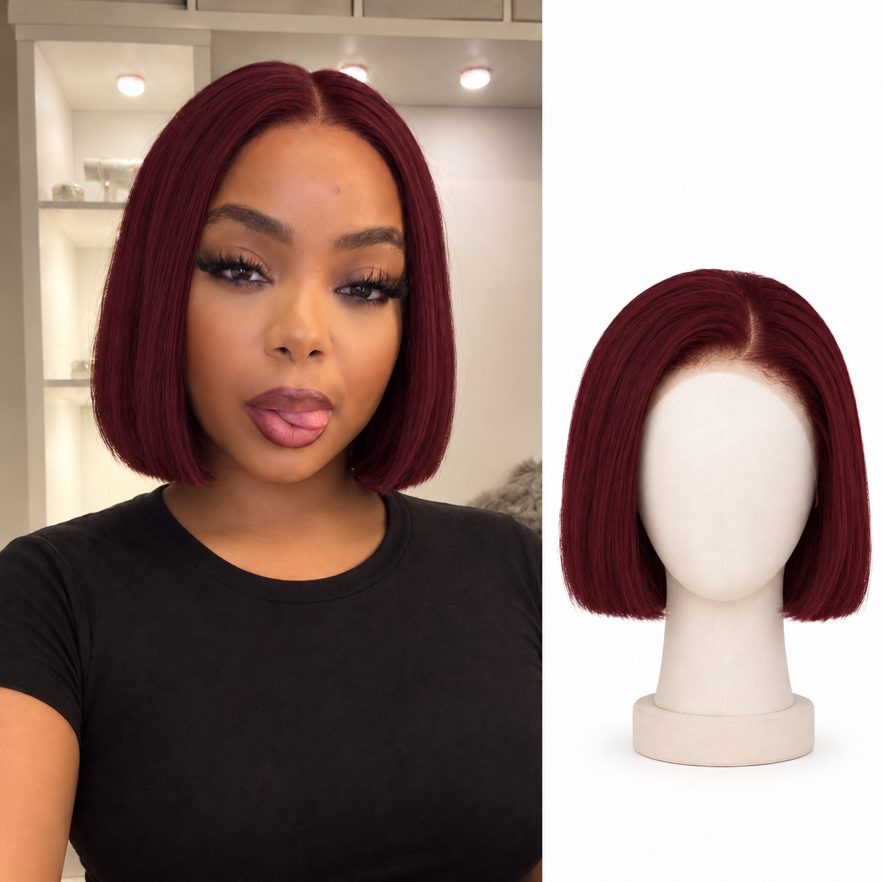Model and mannequin showing an 8-inch burgundy 99J straight bob wig