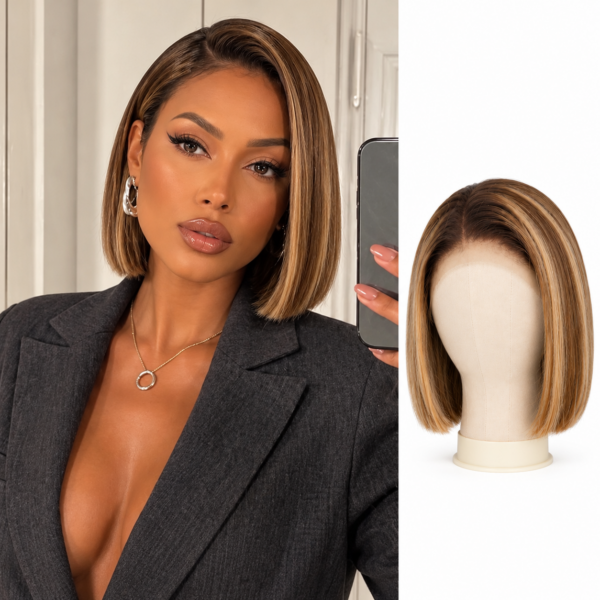 Model and mannequin showing an 8-inch P4/27 brown straight bob wig with honey blonde highlights