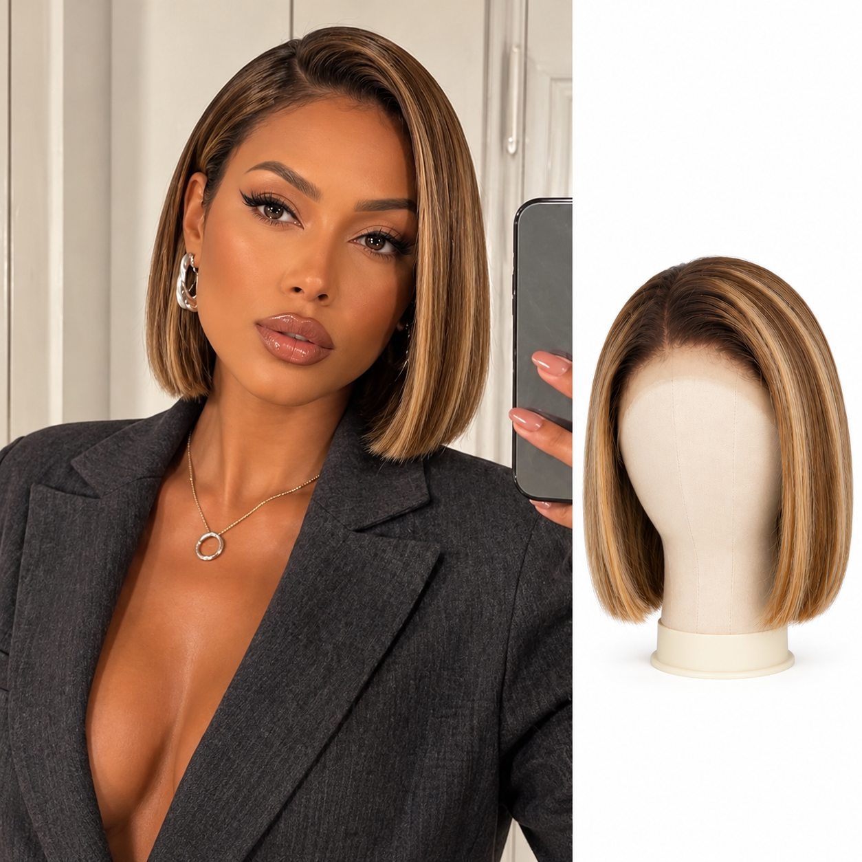 Model and mannequin showing an 8-inch P4/27 brown straight bob wig with honey blonde highlights