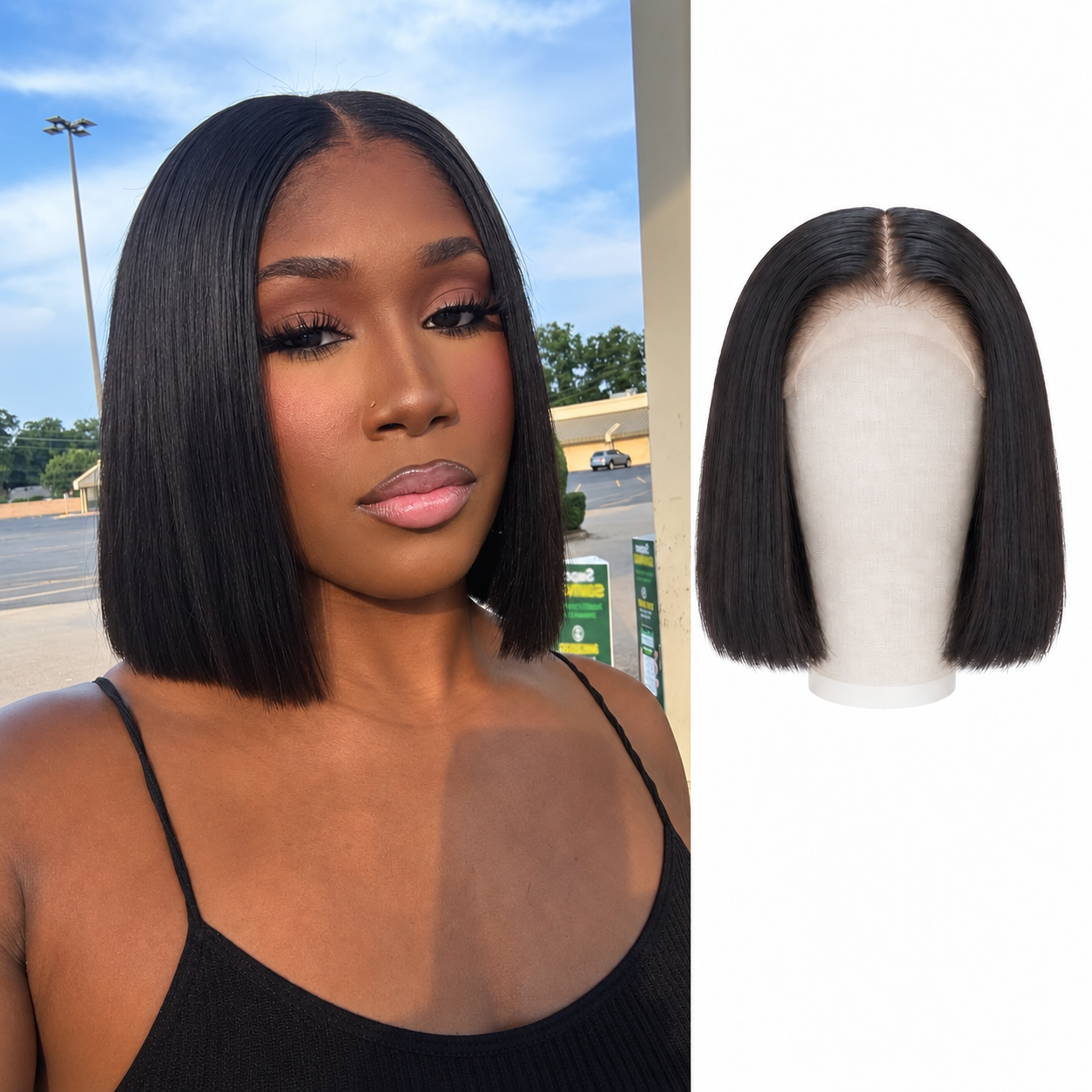 Model and mannequin showing the 10-inch straight Vietnamese hair wig with a 5×5 HD lace closure