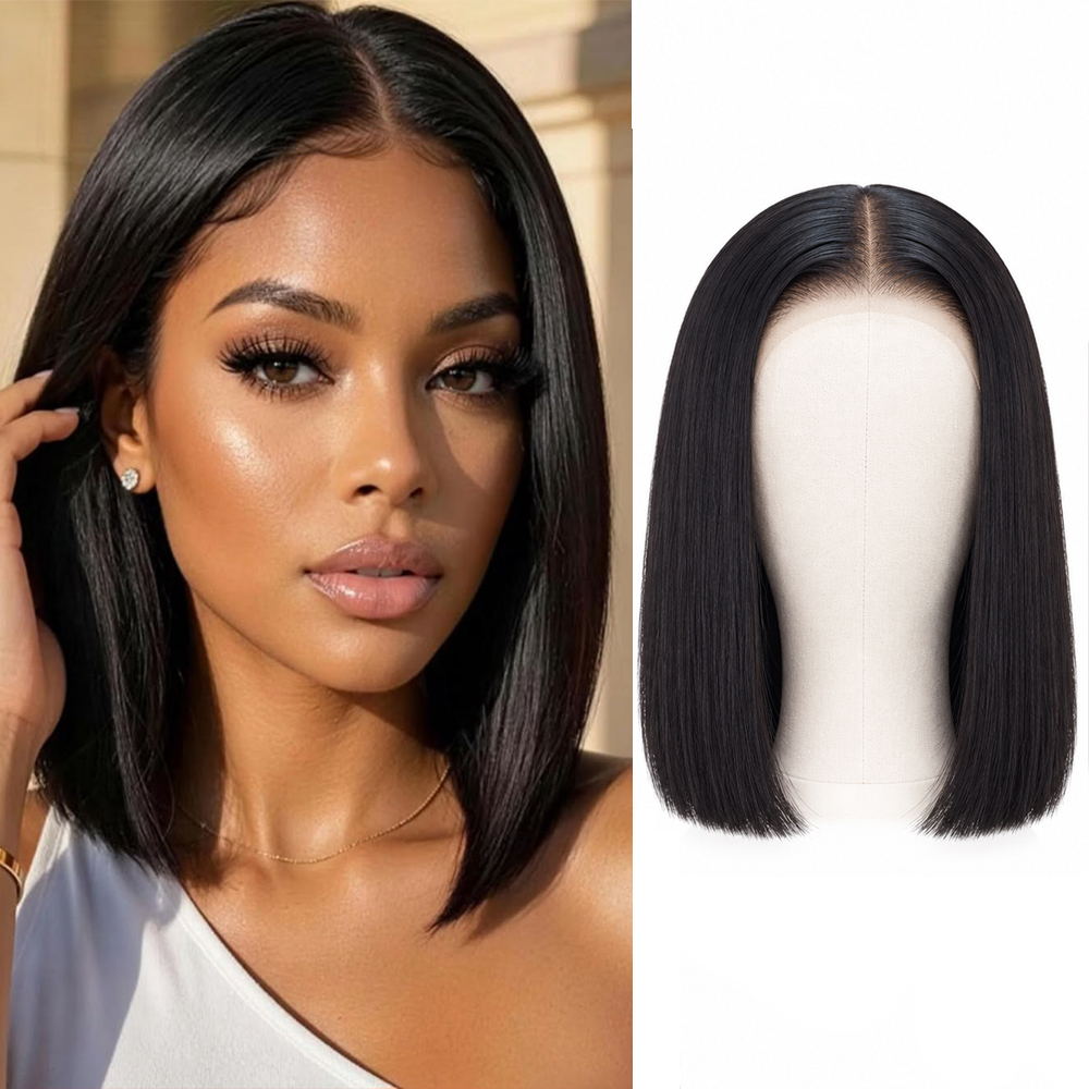 Model and mannequin showing the 12-inch straight Vietnamese hair wig with a 5×5 HD lace closure