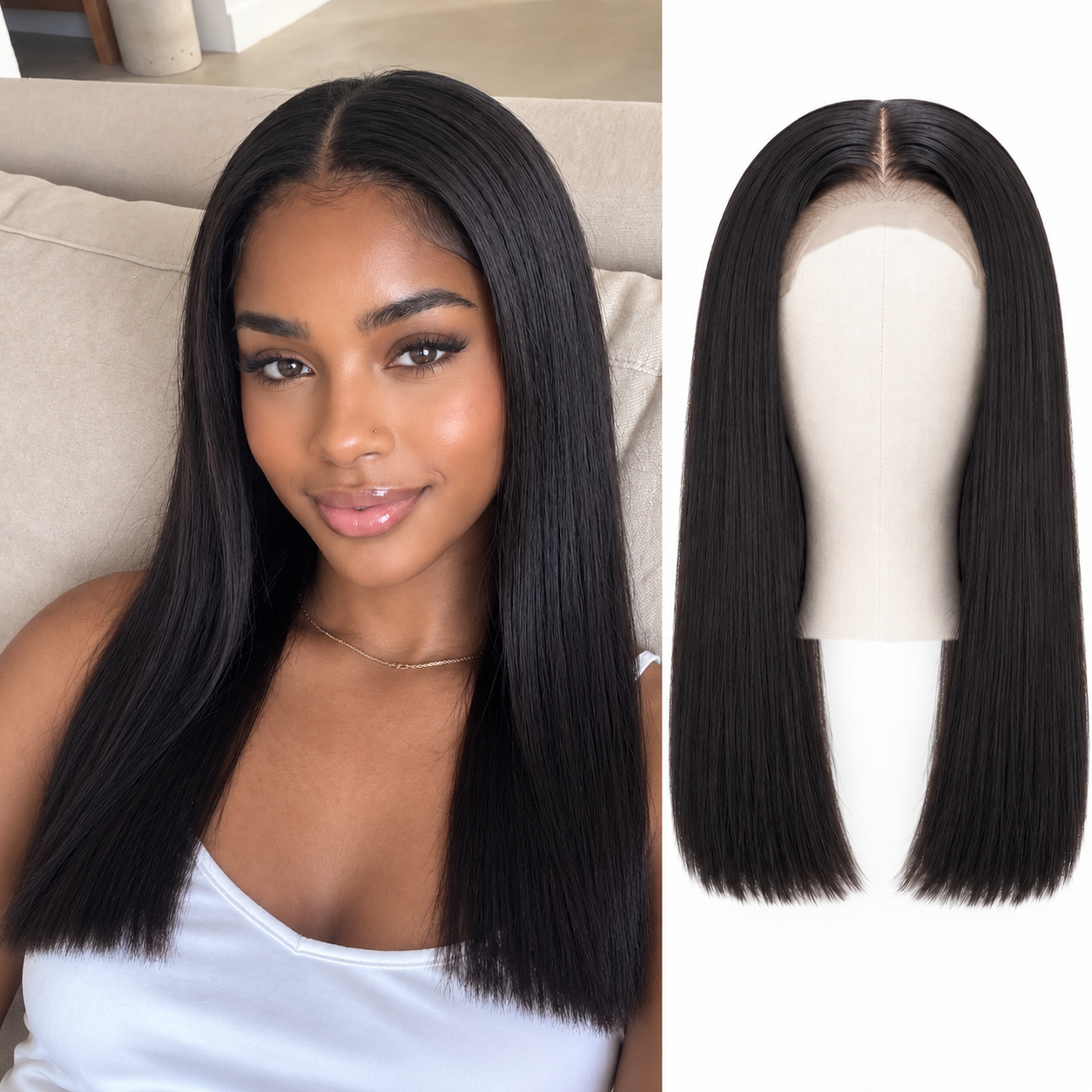 Model and mannequin showing the 18-inch straight Vietnamese hair wig with a 5×5 HD lace closure