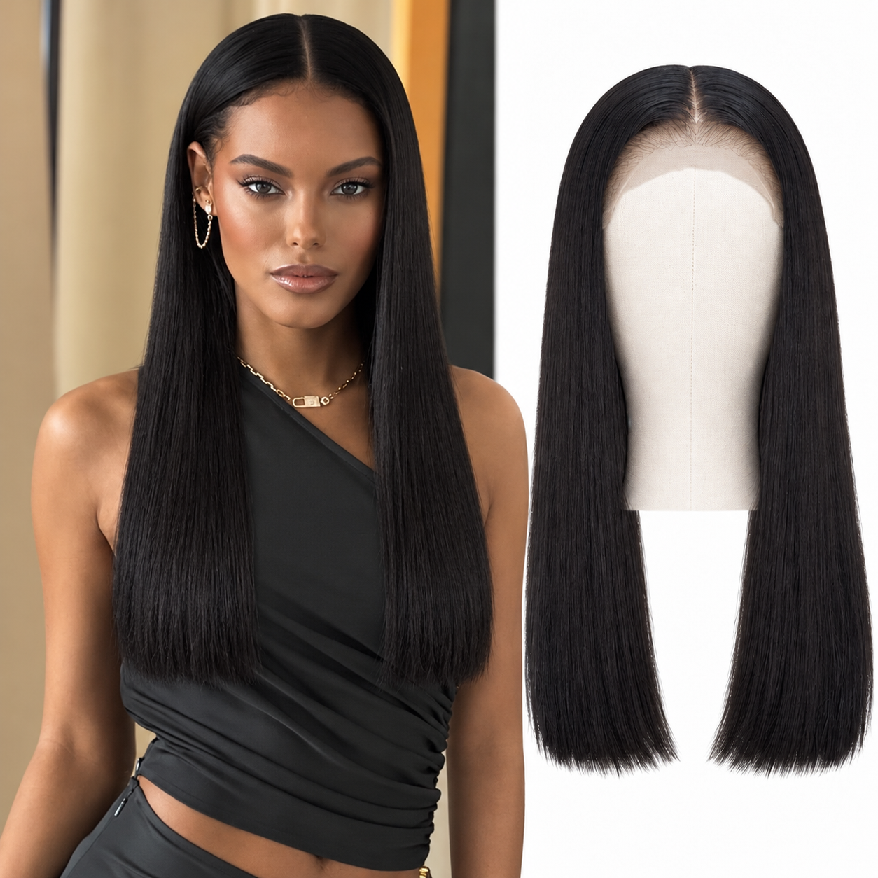 Model and mannequin showing the 20-inch straight Vietnamese hair wig with a 5×5 HD lace closure